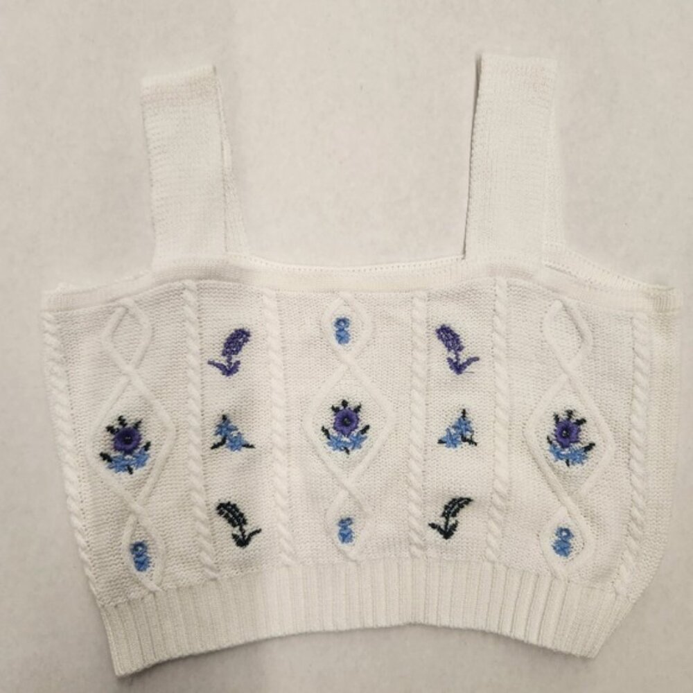 Cable Knit XS/S Crop Top Embroidered Floral Sleeveless Sweater Tank